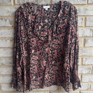 J. Jill Paisley Print Long Sleeve Ruffle V Neck Boho Blouse Women's Size S
